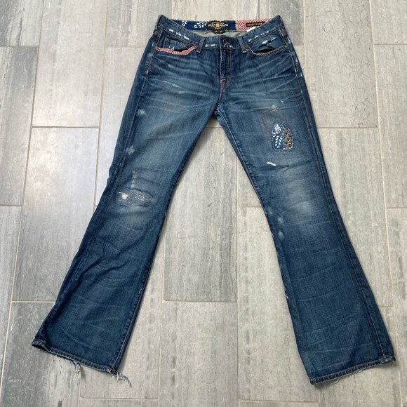 Lucky Brand Sweet N Low Patchwork Distressed Flare Bootcut Jeans Size 10/30 - Picture 1 of 12